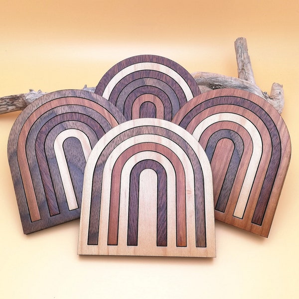 Boho Rainbow Wood Mosaic Coaster Ensemble de 4 - Rétro Décor Wooden Arch Coasters - vintage Inspired Home Decor - Mid Century Modern Design