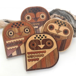 Retro Owls Wood Inlay Coaster Set of 4 - Walnut, Mahogany, Cherry & Maple Wooden Coasters - Animal Home Decor - Wood Folk Art - Owl Decor