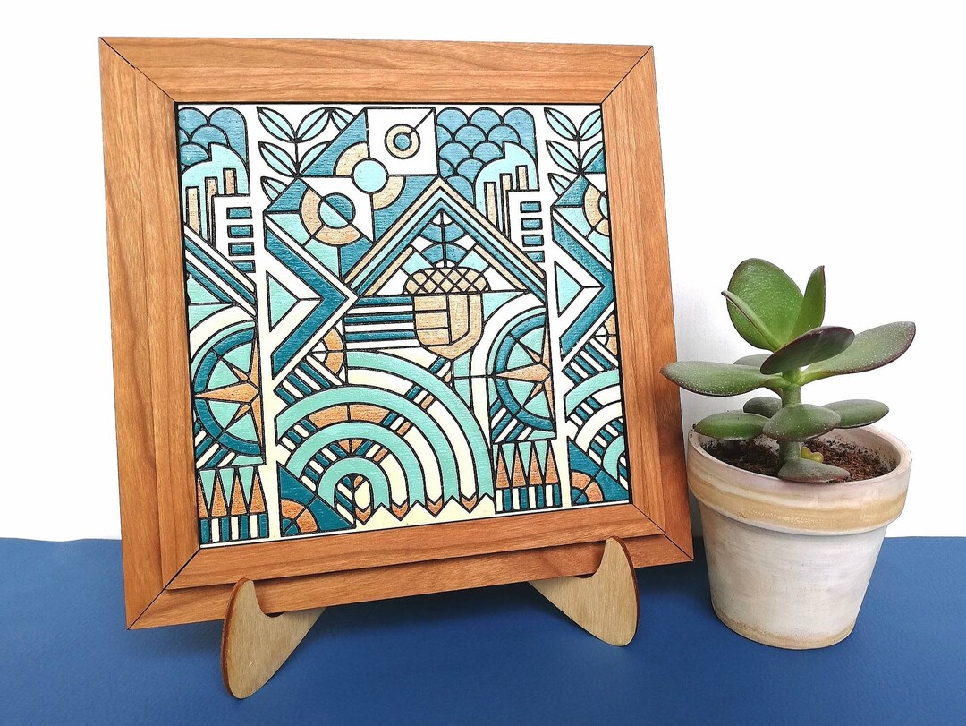 Art Deco Wooden Wall Decor 8 Square Engraved Painting Etsy