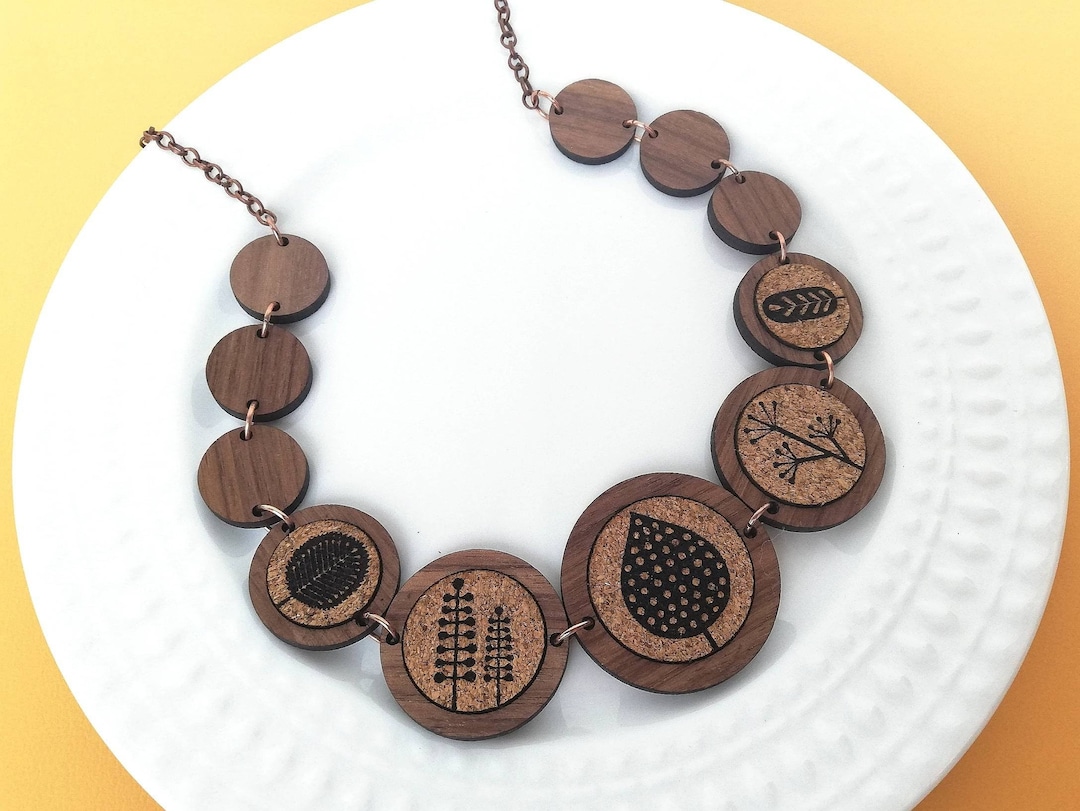 Cork Inlay Walnut Wood Statement Necklace - Adjustable Length - Etsy