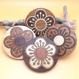 Wood Mosaic Cherry Blossom Coaster Set of 4. Decorative Flower Coasters Home Decor - Walnut, Mahogany, Cherry & Maple Wooden Coasters.