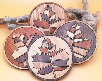 Wood Mosaic Maple Leaf Coaster Set of 4. Wooden Leaves Coasters. Wood Inlay Circle, Unique, Decorative Coasters. Rustic Cottage Home Decor.