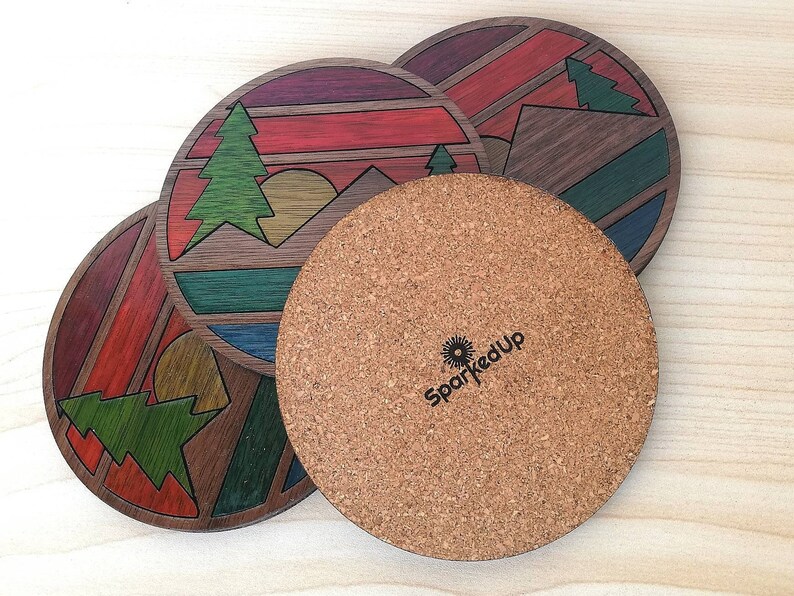 Sunset Over the Mountains Wood Inlay Coaster Set of 4 Wooden Etsy