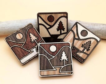 Wood Inlay Tree Magnets: Landscape Fridge Magnet Set of 4
