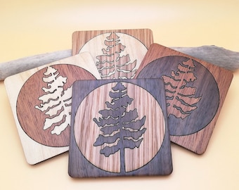 Pine Tree Wooden Coaster Set of 4. Wood Inlay Square Coasters. Rustic Cottage Decor.