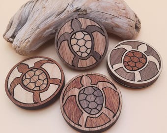 Wood Inlay Turtle Fridge Magnets - Rustic Nature Decor, Set of 4
