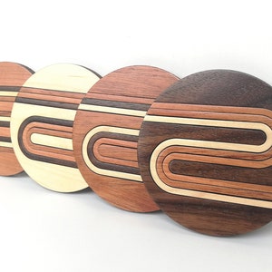 Wooden Coaster Set of 4, Retro Geometric Line Art. Mid Century Modern Wood Home Decor. Abstract Lines Art. image 2