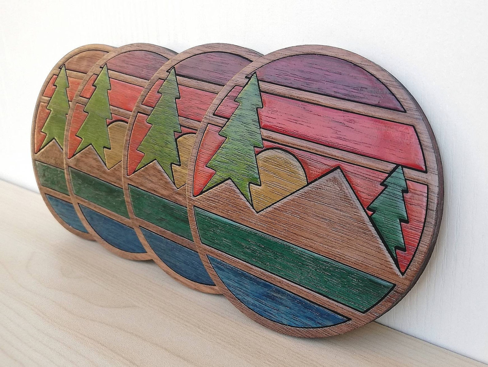 Sunset Over the Mountains Wood Inlay Coaster Set of 4 Wooden Etsy