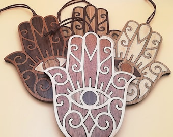 Hölzerne Hamsa-Hand-Wandkunst – Holzinlay Hamsa-Wanddekoration zum Aufhängen – spirituelle, religiöse, jüdische Symbole.