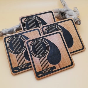 Engraved Wooden Guitar Coaster Set of 4 - Cherry Wood Square Coasters - Guitar Player Gift - Gifts For Musicians - Music Lover - Wood Decor