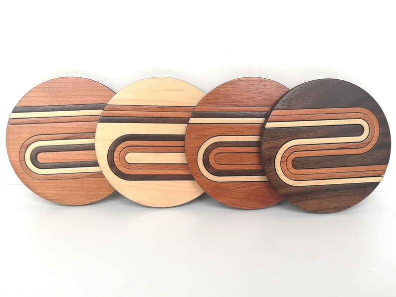 Wooden Coaster Set of 4, Retro Geometric Line Art. Mid Century Modern Wood Home Decor. Abstract Lines Art. image 9