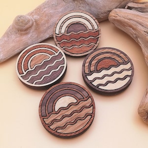 Sonnenuntergang am See Holz Inlay Magnet 4er Set - Hölzerne Kreis Kühlschrankmagnete - Lake House Geschenk - Cabin Decor - Cottagecore
