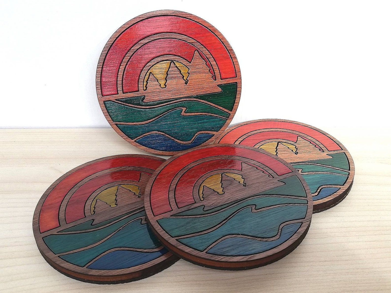 Sunset on the Lake Wood Inlay Coaster Set of 4 Wooden Etsy