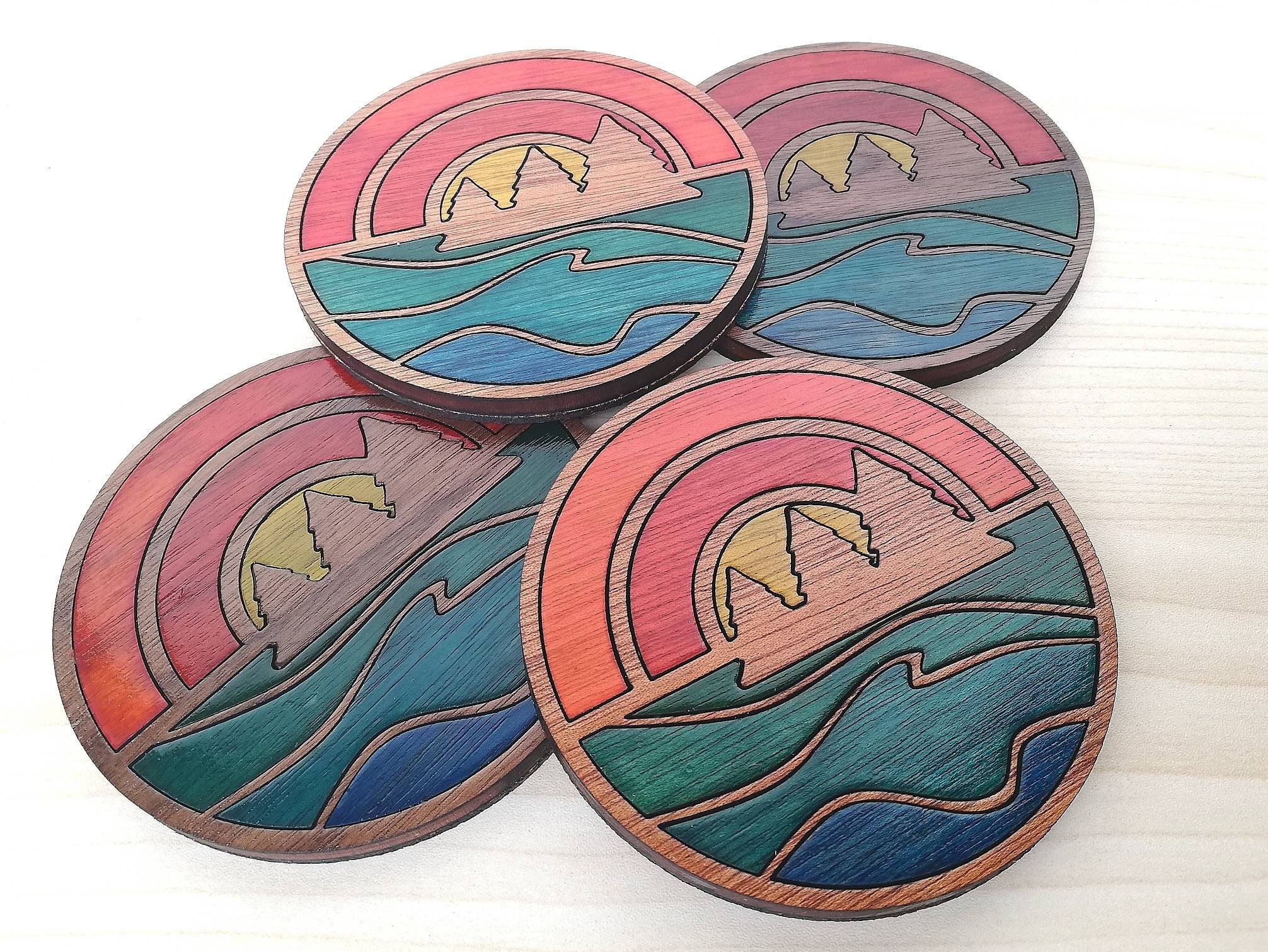 Sunset on the Lake Wood Inlay Coaster Set of 4 Wooden Etsy