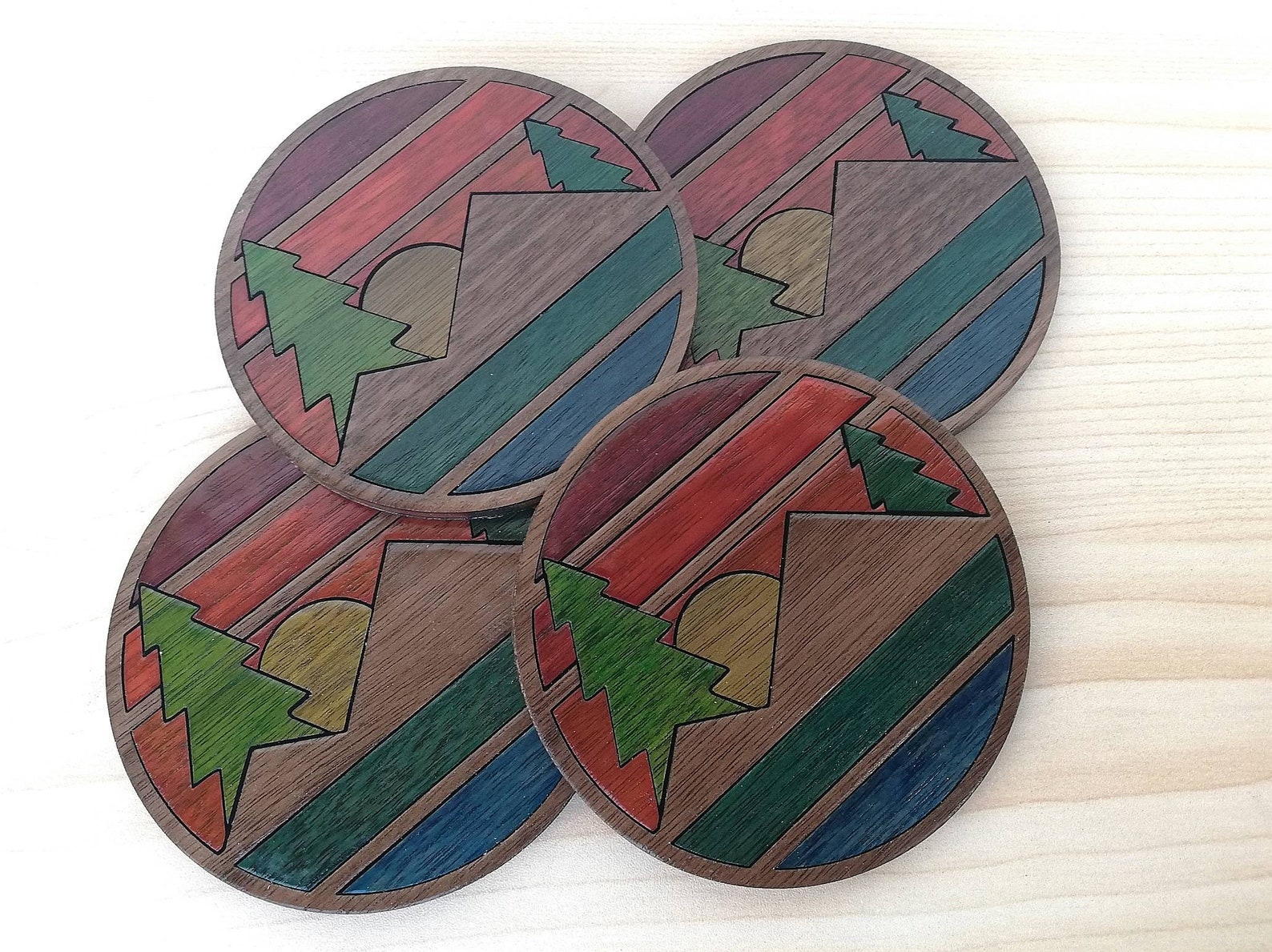 Sunset Over the Mountains Wood Inlay Coaster Set of 4 Wooden Etsy