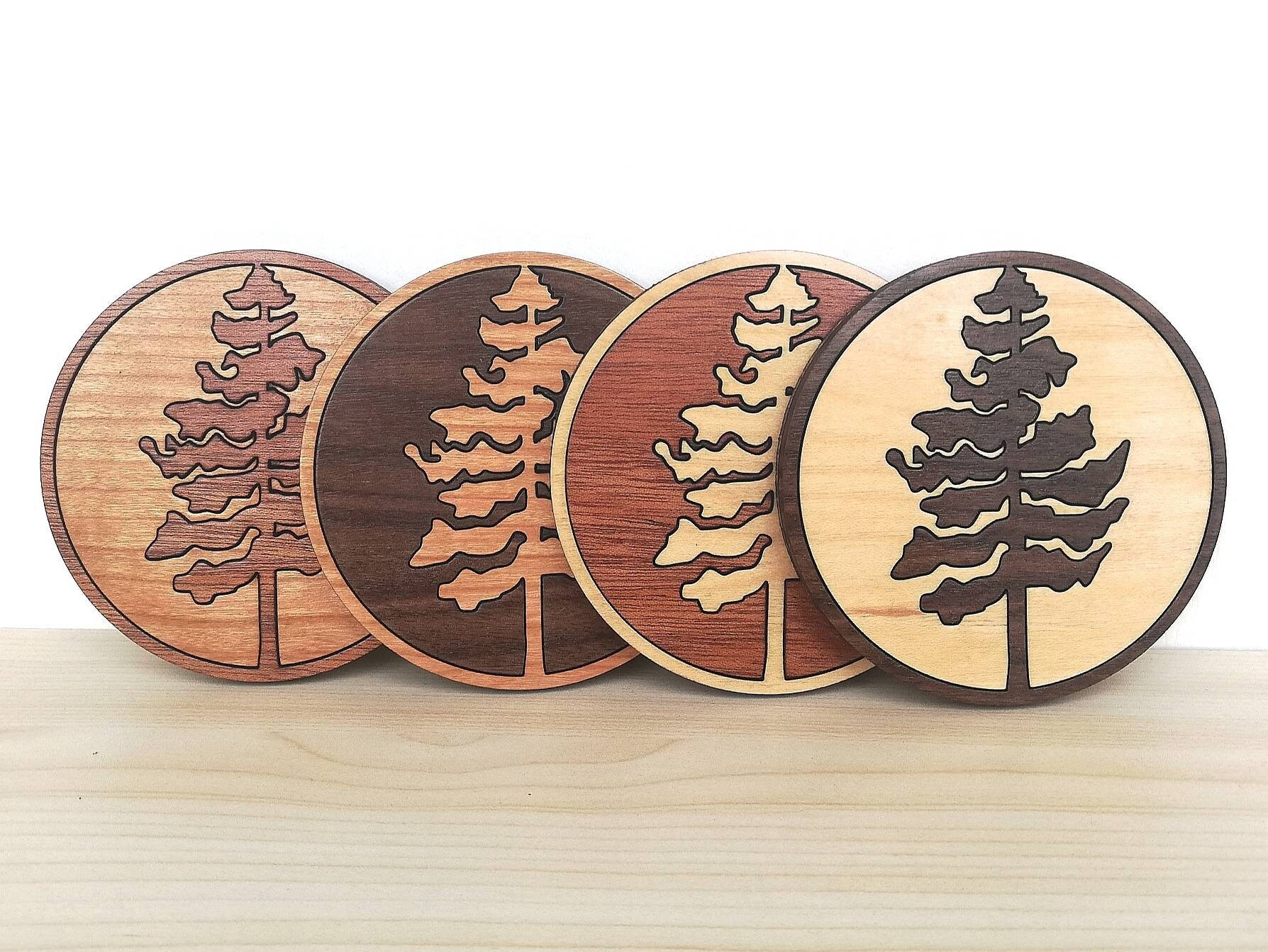 Wood Inlay Coaster Set of 4 Pine Tree Wooden Coaster Set Etsy