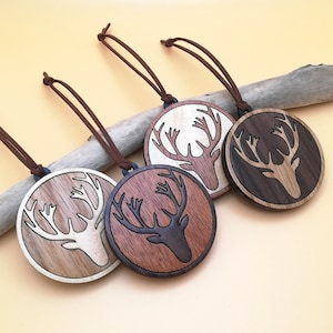 Wood Inlay Deer Ornament Set: Personalized Christmas Tree Ornaments