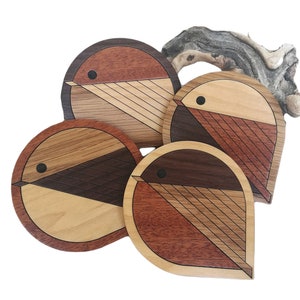 Wood Inlay Birds Coaster Set of 4 Chickadees. Animal Coasters Home Decor - Walnut, Mahogany, Cherry & Maple Wooden Coasters - Wood Folk Art