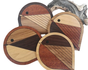 Wooden Chickadee Coaster Set. Wood Inlay Bird Home Decor made with Natural Walnut, Mahogany Oak & Maple. Bird Lover Gift