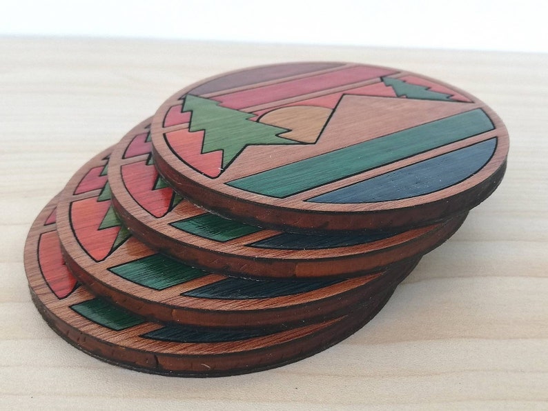 Sunset Over the Mountains Wood Inlay Coaster Set of 4 Wooden Etsy