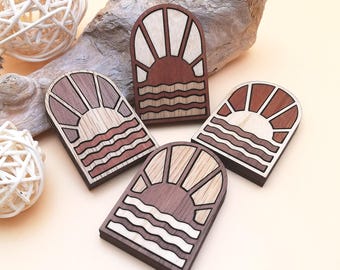 Wood Inlay Fridge Magnets: Sunrise on the Lake, Art Deco Style - Set of 4