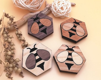 Wood Inlay Bee Magnet Set of 4 - Wooden Hexagon Fridge Magnets - Bee Lovers Gift - Honeycomb - Insect Home Decor