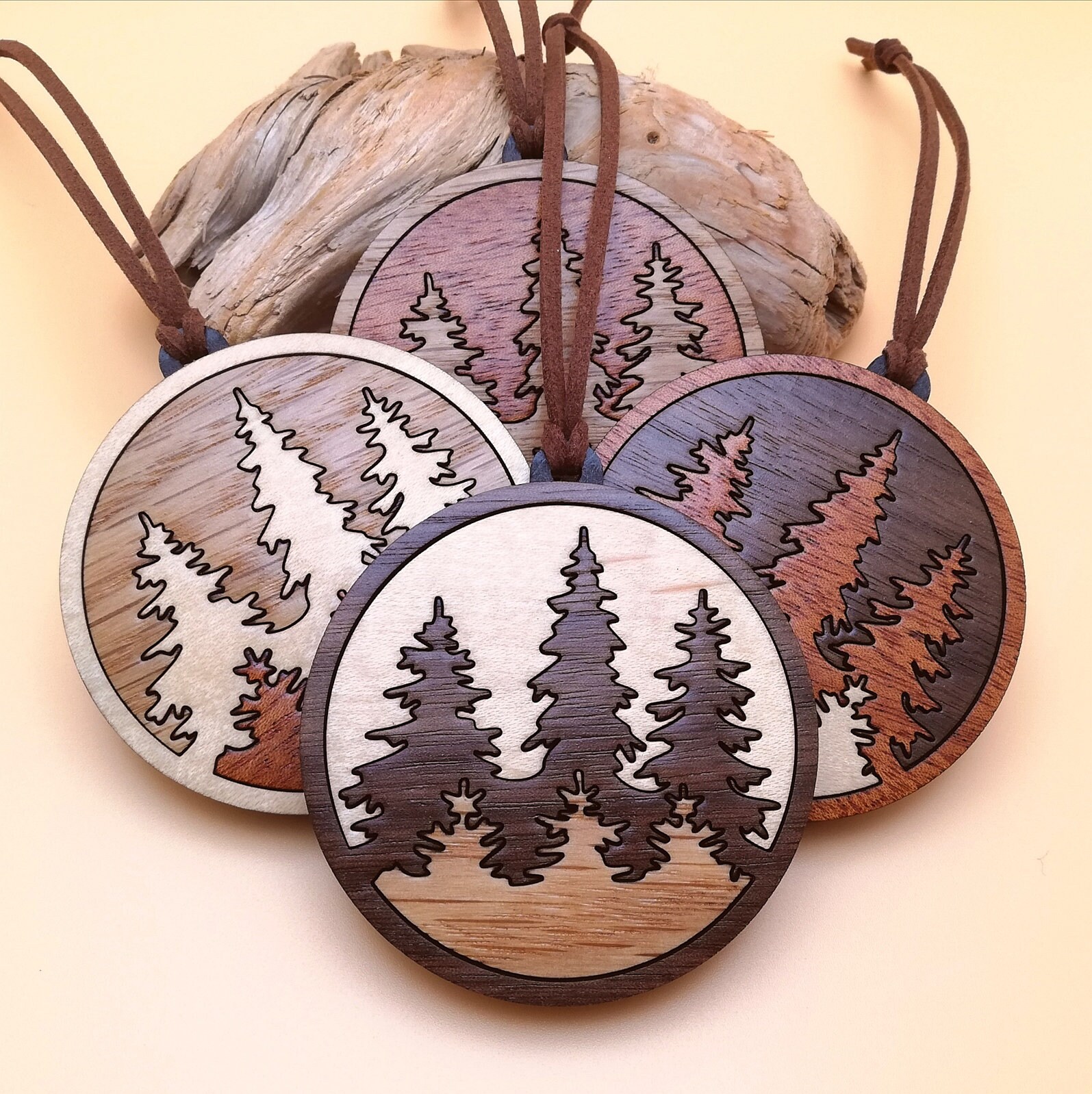 Wood Inlay Pine Tree Forest Ornament Set of 4 - Personalized Wooden Christmas Tree Ornaments - Nature Lovers Gift - Holiday Host Gift