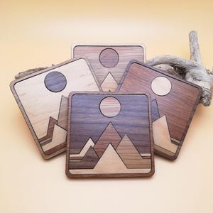 Wood Inlay Mountain Coaster Set: Rustic Nature Decor, Set of 4