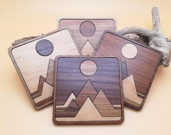 Wood Inlay Mountain Coaster Set: Rustic Nature Decor, Set of 4