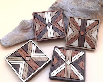 Wood Inlay Barn Quilt Magnet Set of 4 - Wooden Square Fridge Magnets - Fun, Unique Gift - Cabin & Cottage Decor - Gifts for Him