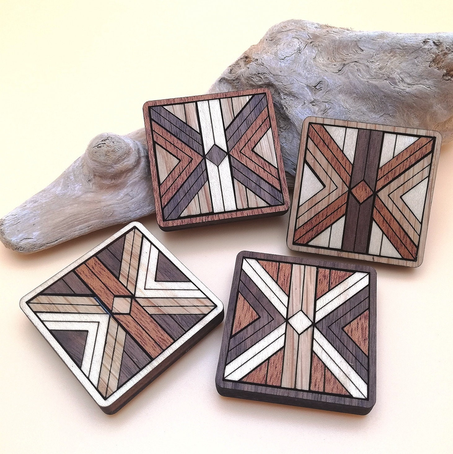 Wood Inlay Barn Quilt Magnet Set of 4 - Wooden Square Fridge Magnets - Fun, Unique Gift - Cabin & Cottage Decor - Gifts for Him