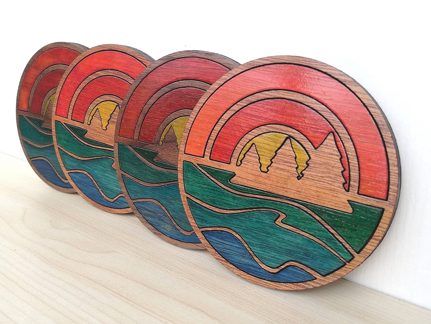 Sunset on the Lake Wood Inlay Coaster Set of 4 Wooden Etsy