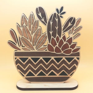 Decorative Wooden Potted Houseplant. Cactus, Succulent Plant Home Decor. Plant Lovers Gift. Artificial, Fake Plants, No Maintenance.