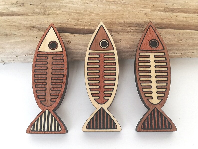 Wood Inlay Fish Magnets: Walnut, Mahogany, Maple - Set of 3 - Etsy