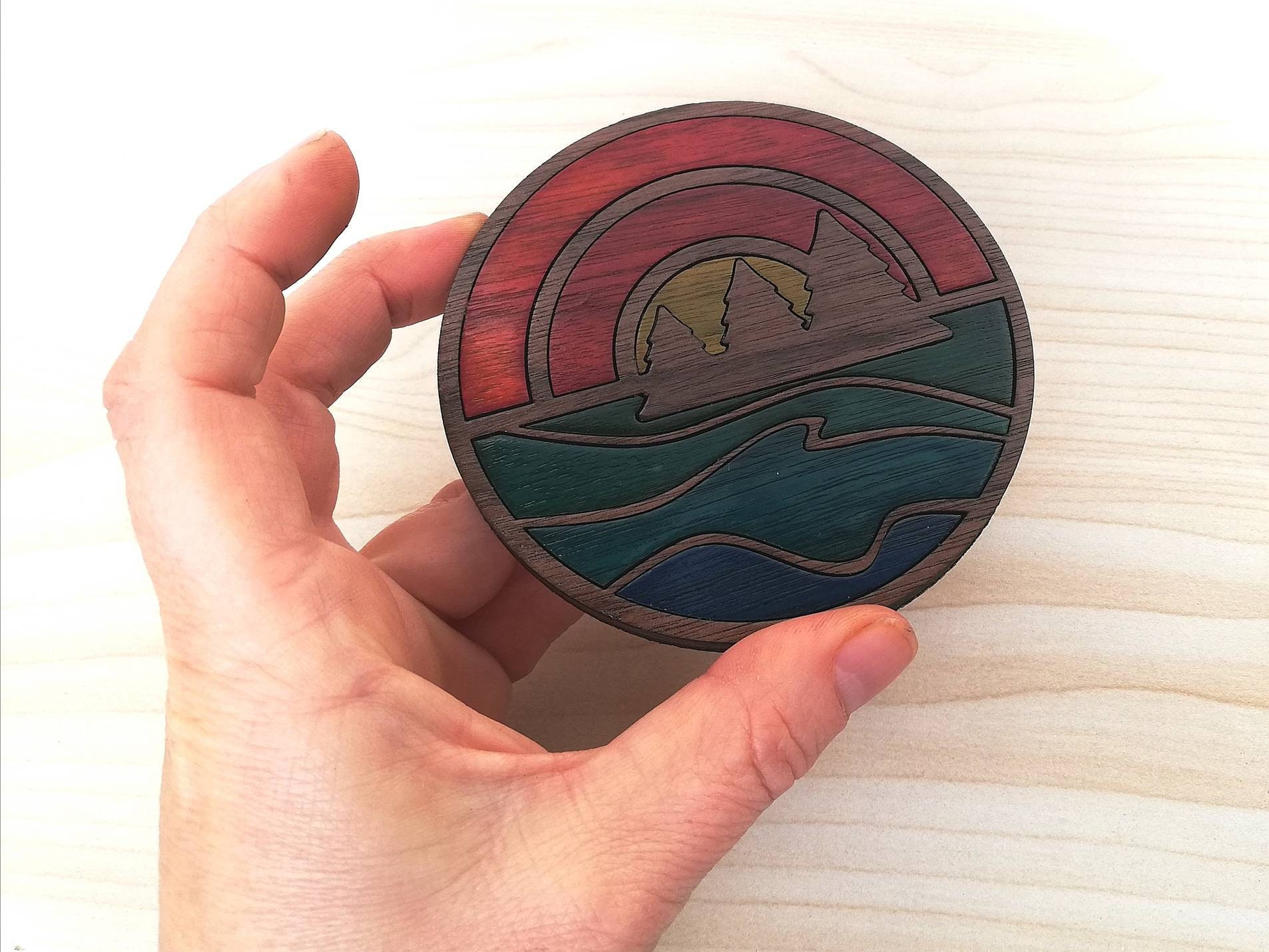Sunset on the Lake Wood Inlay Coaster Set of 4 Wooden Etsy