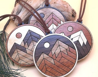 Rustic Mountains Wood Inlay Ornament Set of 4 - Personalized Wooden Christmas Tree Ornaments - Nature Lovers Gift - Holiday Host Gift