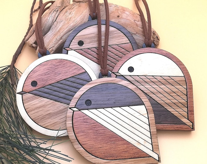 Wood Inlay Chickadees Ornament Set of 4 - Personalized Wooden Christmas Tree Ornaments - Bird Lovers Gift - Holiday Host Gift - Bird Nerd