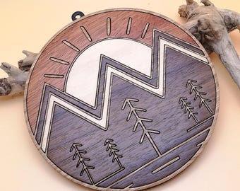 Wood Mosaic Mountain Landscape Wall Art: Nature Lover Gift