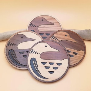 Wood Inlay Loon Coaster Set, Hand Painted Bird Design
