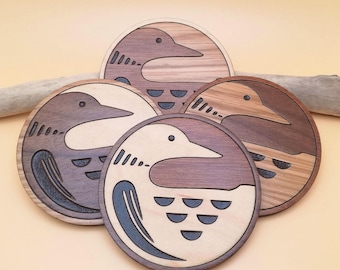Wood Inlay Loon Coaster Set, Hand Painted Bird Design