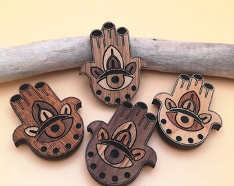 Hamsa-Handmagnet aus Holz, 4er-Set – dekorative Kühlschrankmagnete mit Holzeinlage – jüdische, spirituelle, religiöse Symbole – handgefertigte Holzdekoration