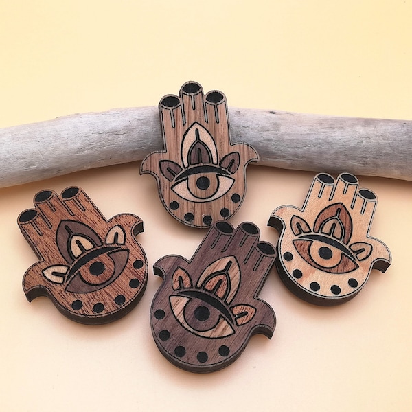 Wooden Hamsa Hand Magnet Set of 4 - Wood Inlay Decorative Fridge Magnets - Jewish, Spiritual, Religious Symbols - Handcrafted Wood Decor