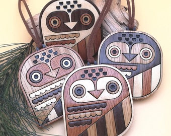 Wood Inlay Owls Ornament Set of 4 - Personalized Wooden Christmas Tree Ornaments - Bird Lovers Gift - Holiday Host Gift