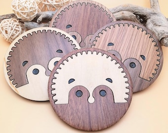 Hedgehog Wooden Coasters Set | Laser Cut Wood Inlay Coasters | Handmade Natural Plywood Drink Coasters | Cute Animal Coaster Gift