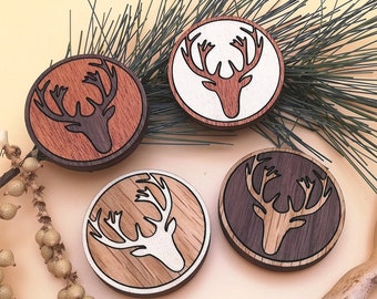 Wood Inlay Deer Magnet Set of 4 - Wooden Circle Fridge Magnets - Reindeer Gift - Canadiana - Cabin Decor - Cottagecore