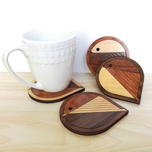 Wood Inlay Birds Coaster Set of 4 Chickadees. Animal Coasters Home Decor Walnut, Mahogany, Cherry & Maple Wooden Coasters Wood Folk Art image 4