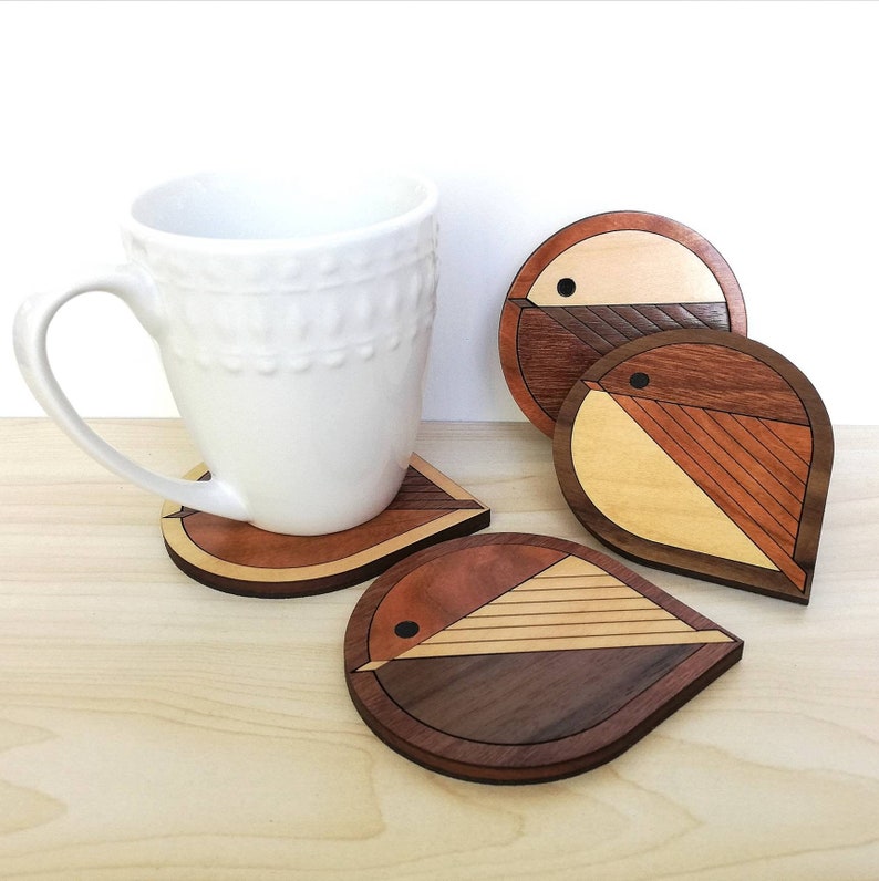 Wood Inlay Birds Coaster Set of 4 Chickadees. Animal Coasters Home Decor Walnut, Mahogany, Cherry & Maple Wooden Coasters Wood Folk Art image 4