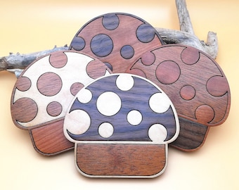 Holz-Mosaik-Pilz-Untersetzer-Set von 4 - Retro-Pilze-Holz-Inlay-Untersetzer - Waldpilz-Dekor - Retro-Stil - Volkshandwerk