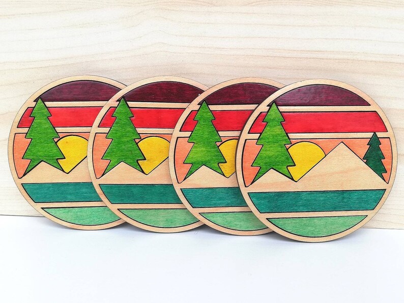 Sunset Over the Mountains Wood Inlay Coaster Set of 4 Wooden Etsy