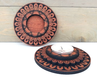 Holz Mandala Teelicht Kerzenhalter 2er Set - Blumen Mandala Holz Kerzenhalter - Kreis Teelicht Kerzenhalter Holz - Boho Decor